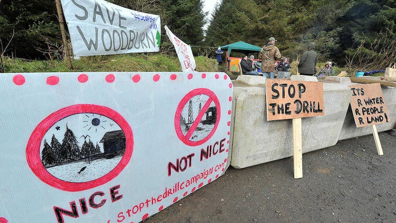 Protesters at Woodburn Forest demonstrate against work being carried out by oil company InfraStrata. Picture by Justin Kernoghan 