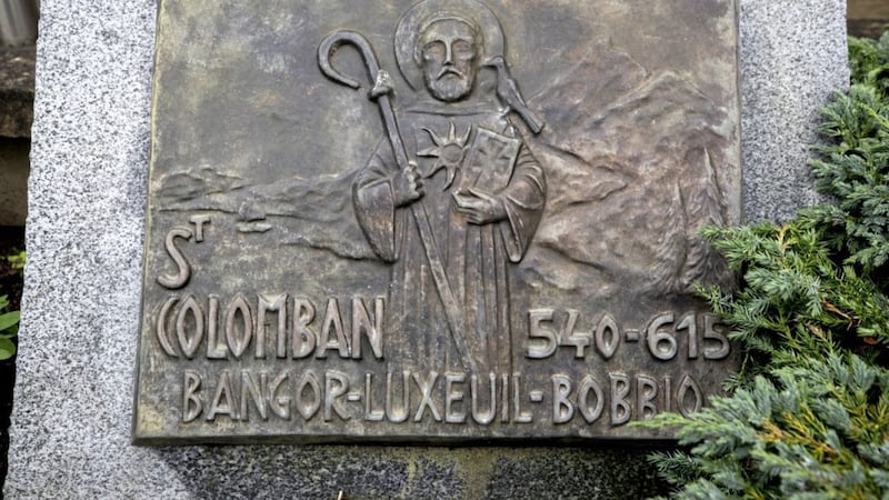 St Columbanus was the greatest of the Irish peregrini. He left Ireland in 591 and established monasteries at Annegray, Luxeuil and Fontaines in the Vosges mountains and at Bobbio in Italy. A stone with a bronze cast dedicated to Columbanus sits at the entrance to Bangor Abbey. Picture by Liam McBurney/PA Wire 