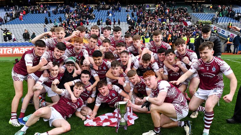 Omagh CBS players after their win over Mercy Mounthawk in the Hogan Cup final at Croke Park on Saturday
Picture: Piaras Ó Mídheach