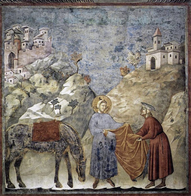 Giotto di Bondone painted frescoes depicting the life stories of St Francis which can be seen in Assisi at the Basilica of St Francis of Assisi. Dating from between 1297 and 1299, this painting shows St Francis giving his mantle to a poor man. 