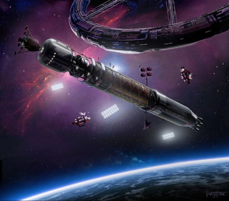 An artist's impression of an Asgardian orbital station and manned space craft.