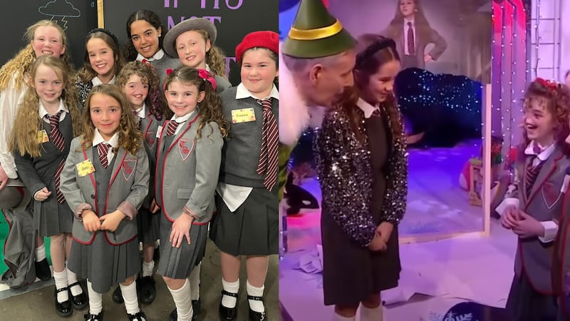 Tessa Evans (centre) pictured with Alisha Weir and her fellow Matildas on Friday's Late Late Toy Show, and (right), the moment the ten-year-old met the Dublin-born film star. (Images: RTÉ)