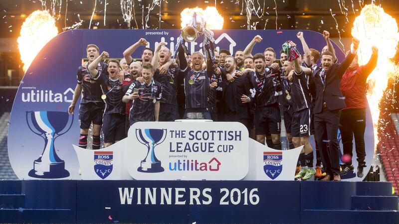 The Ross County squad celebrates after winning the Scottish League Cup final against Hibernian at Hampden Park on Sunday<br />Picture by PA&nbsp;