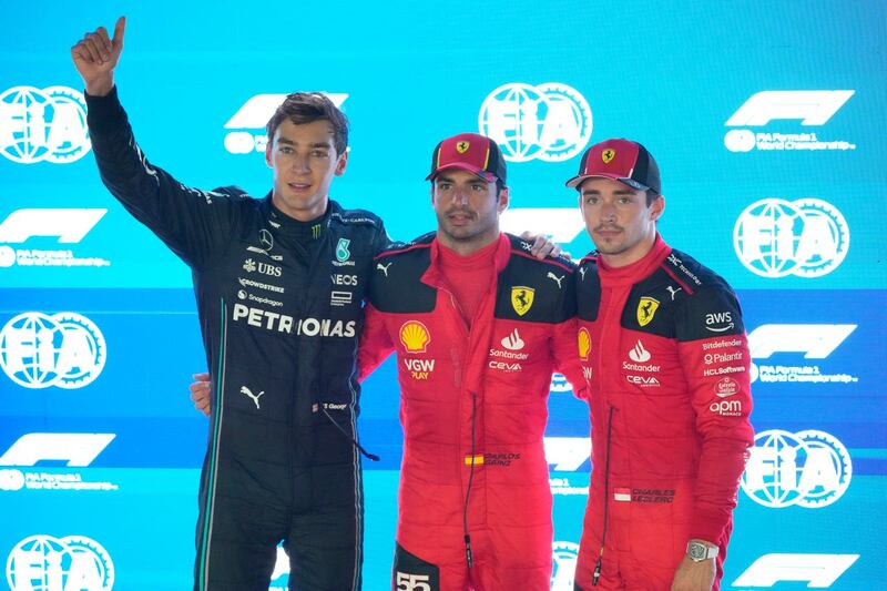 Carlos Sainz, centre, will start on pole with George Russell, left, in second and Charles Leclerc in third