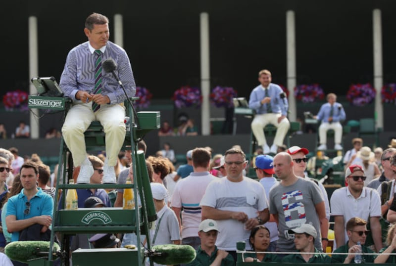 Umpires on courts 5, 6 and 7, during day four of the Wimbledon Championships at the All England Lawn Tennis and Croquet Club, Wimbledon 2015.