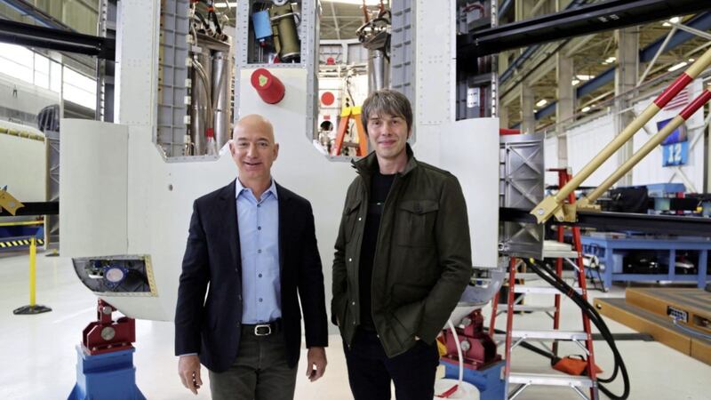 Blue Origin founder Jeff Bezos at Blue Origin&rsquo;s spaceship factory in Seattle, with Professor Brian Cox - (C) Sundog Pictures - Photographer: Tom Beard 