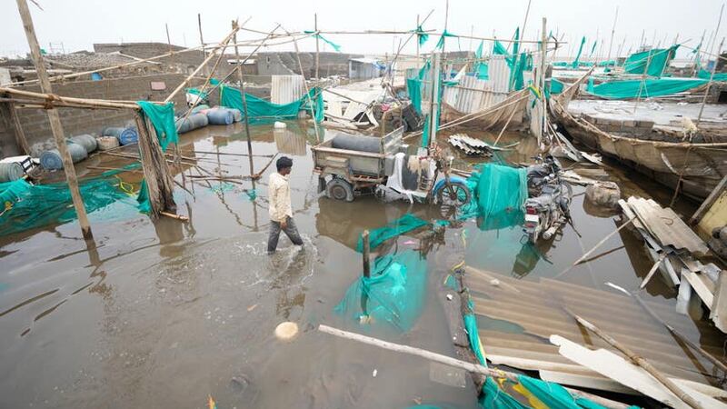 Flooding at Jakhau port after landfall of cyclone Biparjoy at Jakhau in Kutch district of Western Indian state of Gujarat (AP)