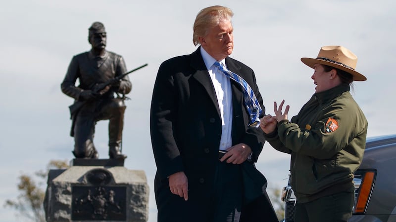 Interpretive park ranger Caitlin Kostic speaks to Republican presidential candidate Donald Trump as she gives him a tour at Gettysburg National Military Park in Gettysburg, Pennsylvania. Picture by&nbsp;Evan Vucci, Associated Press