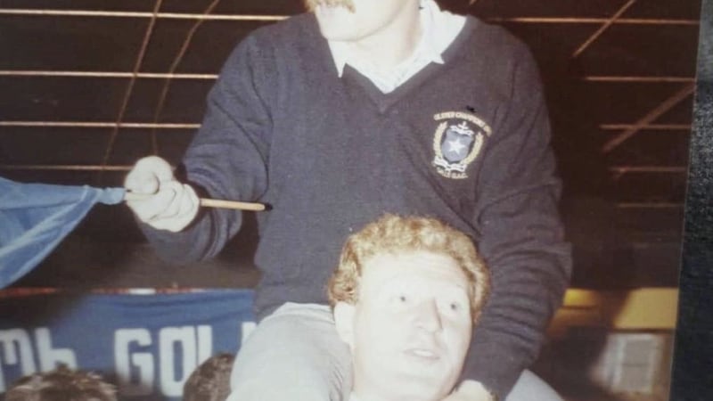 Gerry Higgins pictured on the shoulders of the late John Kennedy, celebrating victory for the St Gall&#39;s basketball team 