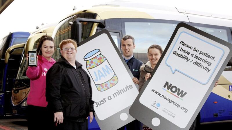 NOW Group service users Francis Fitzsimons and Caoimhe McEvoy join Natalie Hanna and Sean McEleney from Translink to launch to new JAM Card app 