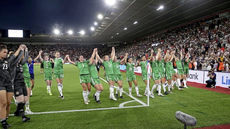 Northern Ireland&#39;s players hail the Green and White Army after losing to England in their final game in the Women&#39;s Euros at St Mary&#39;s Stadium, Southampton. Photo by William Cherry/Presseye 