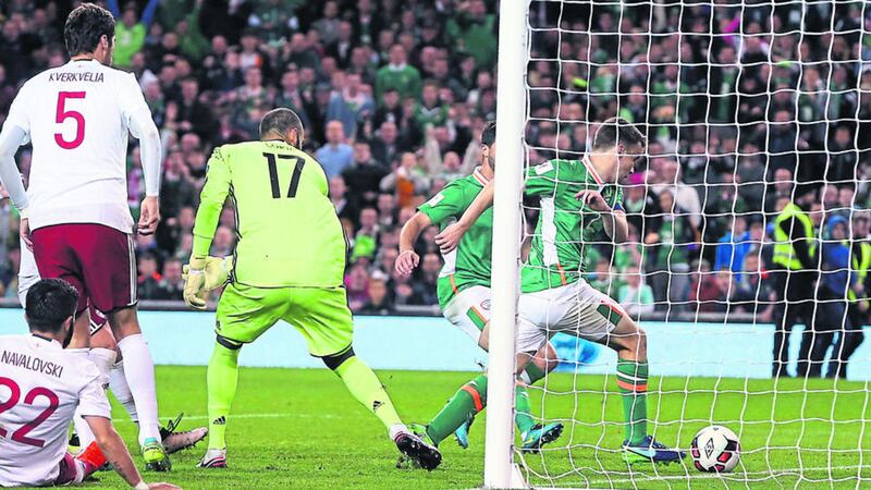 Republic of Ireland's Seamus Coleman scores his side's goal that sunk Georgia in the 2018 World Cup qualifying clash at the Aviva Stadium, Dublin on October 6 2016
