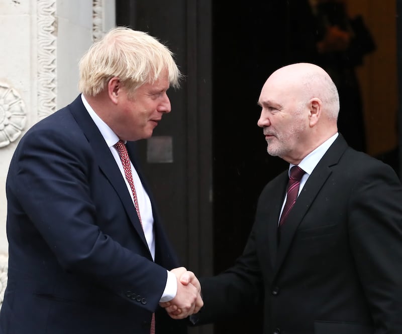Outgoing Stormont speaker Alex Maskey meets former prime minister Boris Johnson during a visit to Parliament Buildings
