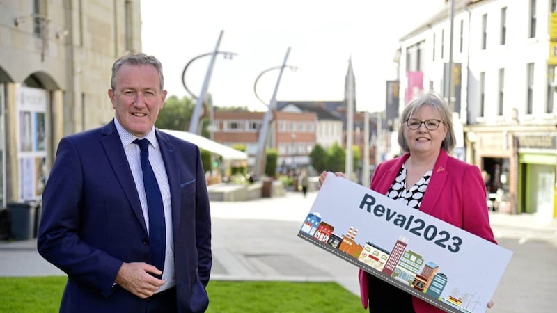 Finance Minister Conor Murphy with commissioner of valuation Angela McGrath launch Reval2023. 