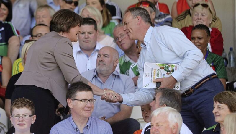 DUP leader Arlene Foster and Minister of State at the Department of the Taoiseach Joe McHugh at the Ulster final between Fermanagh and Donegal in Clones, Co Monaghan. Picture by Niall Carson/PA Wire. 