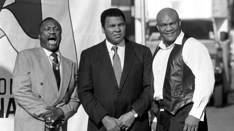 &nbsp;A trio of champions, Joe Frazier, George Foreman and Muhammad Ali, in London (1989) to publicise the launch of the video 'Champions Forever',