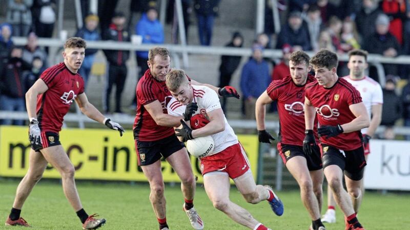 Down&#39;s Darren O&rsquo;Hagan and Tyrone&#39;s Conall Grimes in action during the Dr McKenna Cup semi-final between Down and Tyrone. Picture by Philip Walsh 