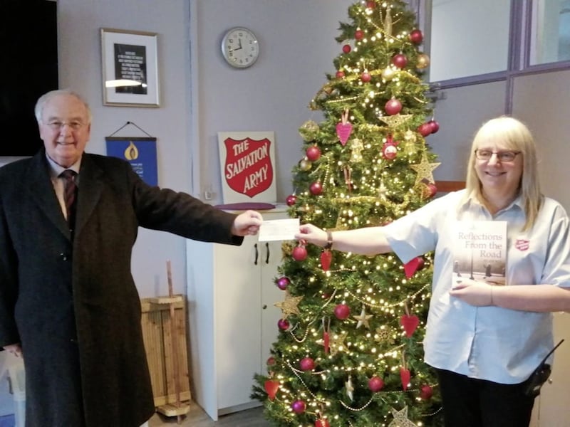 Belfast homeless charities have benefited from &pound;16,000 from proceeds from two books by Rev Jim Rea. Last week Rev Rea, pictured with chaplain Deanna Dougan, presented &pound;2,000 to the Salvation Army&#39;s Centenary House hostel 