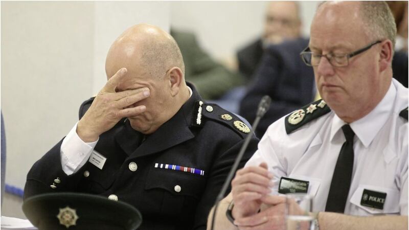 Chief Constables Mike Barton and George Hamilton answer questions at the Policing Board. Picture by Hugh Russell. 