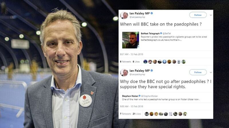 DUP North Antrim MP Ian Paisley questioned the BBC&#39;s coverage of self-styled paedophile hunters 