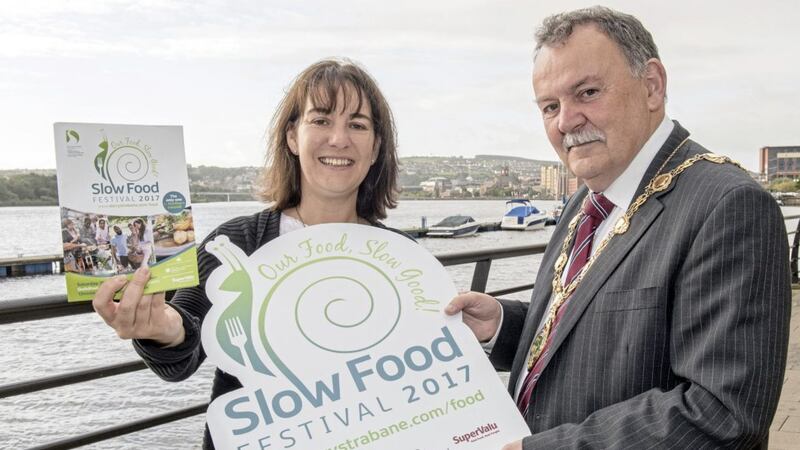 Mayor Maol&iacute;osa McHugh with Aideen McCarter, head of culture at Derry City and Strabane District Council at the launch of the Slow Food Festival 2017. Picture by Martin McKeown 