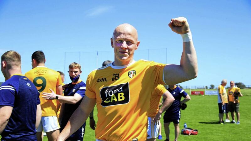Paddy Cunningham celebrtates Antrim&#39;s promotion win over Waterford at Dungarvan in June Picture: Seamus Loughran 
