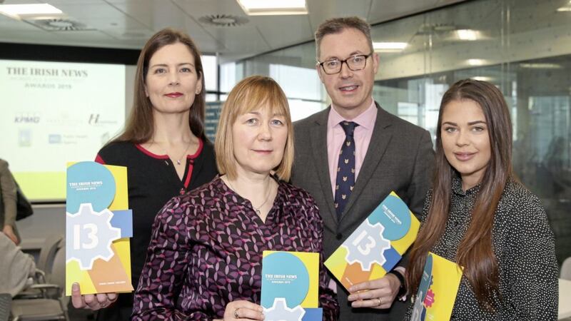Pictured at the WEA entry-writing workshop are (from left) Irish News marketing manager John Brolly, Julie Thompson from KPMG, Elaine McGibbon (Danske Bank) and Rebecca Carvill (HR executive at BlkBox Fitness). Photos: Declan Roughan 