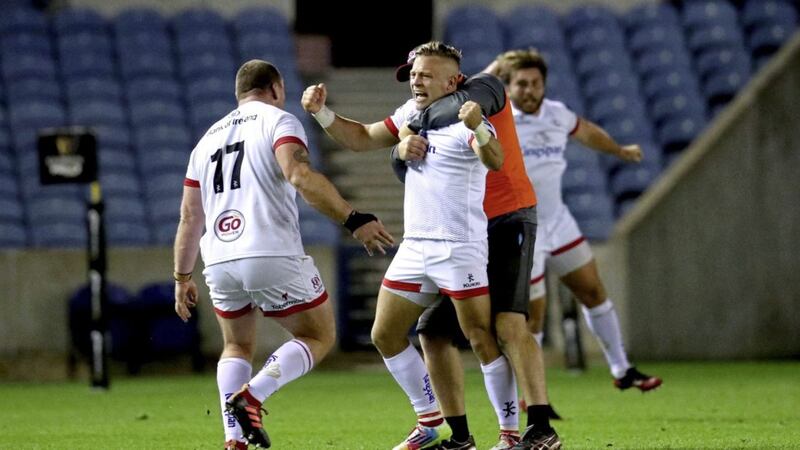 Ulster&#39;s Ian Madigan (centre) celebrates with team-mate Jack McGrath after winning the Guinness PRO14 semi-final match at BT Murrayfield, Edinburgh on Saturday September 5, 2020. Picture by Andrew Milligan/PA Wire 