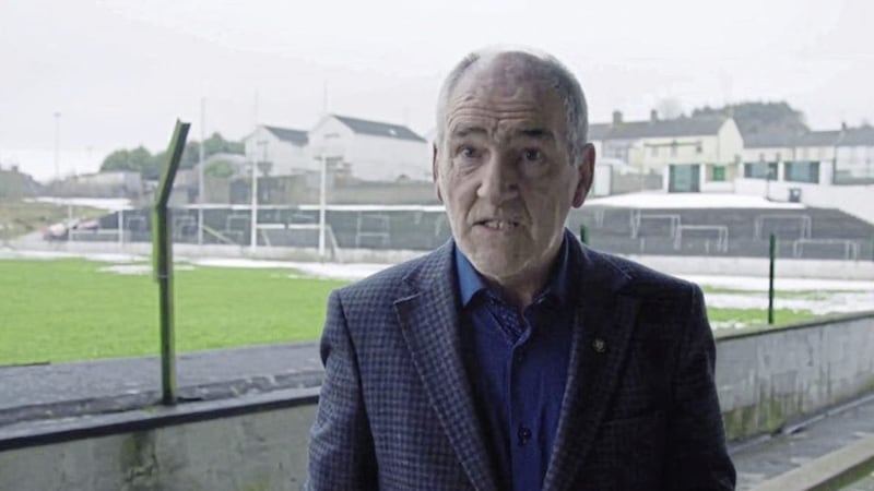 Mickey Harte speaking in a pro-life video at Cootehill Celtic&#39;s ground in Co Cavan last month 