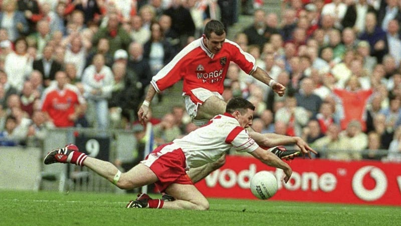 28 September 2003; Tyrone&#39;s Conor Gormley blocks a late shot from Armagh&#39;s Steven McDonnell. Bank of Ireland All-Ireland Senior Football Championship Final, Armagh v Tyrone, Croke Park, Dublin. Picture credit; Brendan Moran / SPORTSFILE 