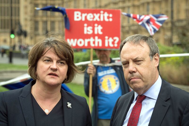 &nbsp;Arlene Foster and DUP deputy leader Nigel Dodds at Westminster where the party has forged an alliance with the Tories