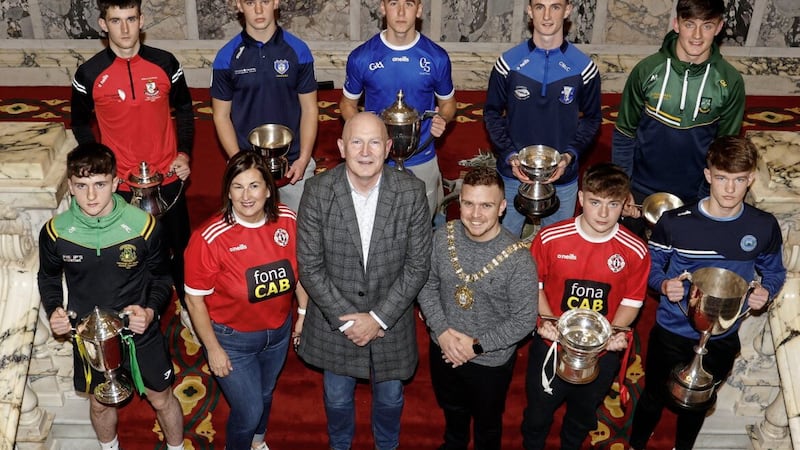 Hosted by Ryan Murphy, Mayor of Belfast, fonaCAB&#39;s Stephen Anton and St Paul&#39;s GAC Chairperson Caroline McLaughlin helped launched this year&#39;s St Paul&#39;s Ulster Minor tournament at Belfast&#39;s City Hall Picture: John McIlwaine 