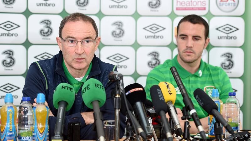 Ireland manager Martin O&#39;Neill with John O&#39;Shea at the post-match press conference 