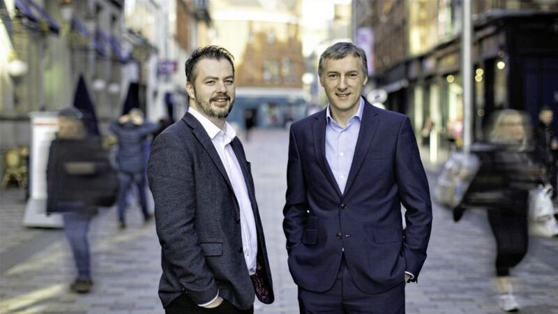 Adoreboard chief executive Chris Johnston (left) with Brian Cummings, investment director at Clarendon Fund Managers 