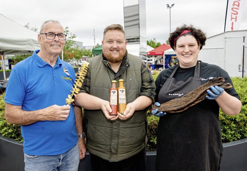 Pictured preparing for the Tastes and Treasures at The Junction Retail and Leisure Park are (L-R): Shaw Harvey, Crispstix; Gerard Magill, Shorthorn Kitchen; and Alanagh Chipperfield, KeNako Biltong. 