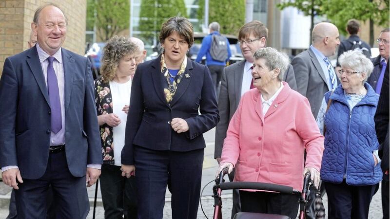 DUP leader Arlene Foster meets some of the Kingsmill victims&#39; families outside an inquest into the killings. Picture by Hugh Russell 