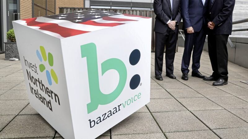 US software firm Bazaarvoice is to create 168 jobs in Belfast with its new European base. Pictured at the job announcement are Paul Hill, director of software engineering at Bazaarvoice, Alastair Hamilton, Invest Northern Ireland CEO and Gary Allison, executive vice president of engineering at Bazaarvoice 