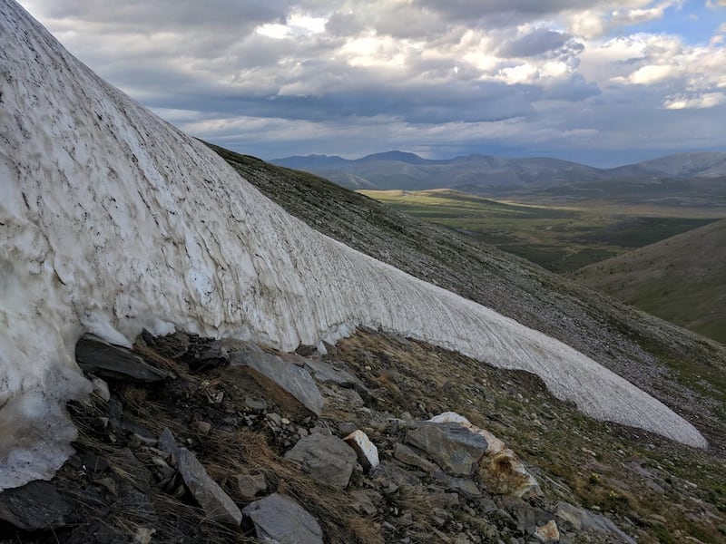 An ice patch nearing complete melt in northern Mongolia's Ulaan Taiga Special Protected Area in 2018.