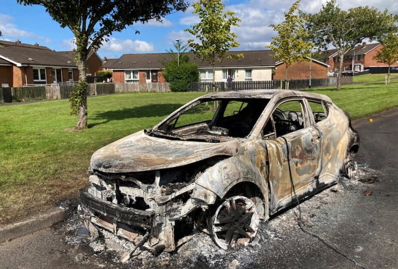A burnt-out car in Derry's Galliagh area following this week's disorder. Picture by Margaret McLaughlin