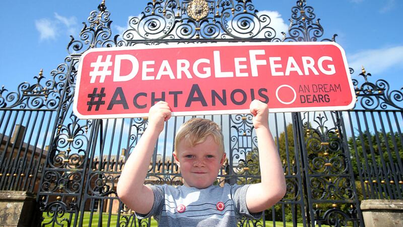 Cillian Benstead pictured at Hillsborough Castle today as activists delivered letters to the Secretary of State James Brokenshire, calling for an Irish language act to be implemented. Picture: Mal McCann&nbsp;