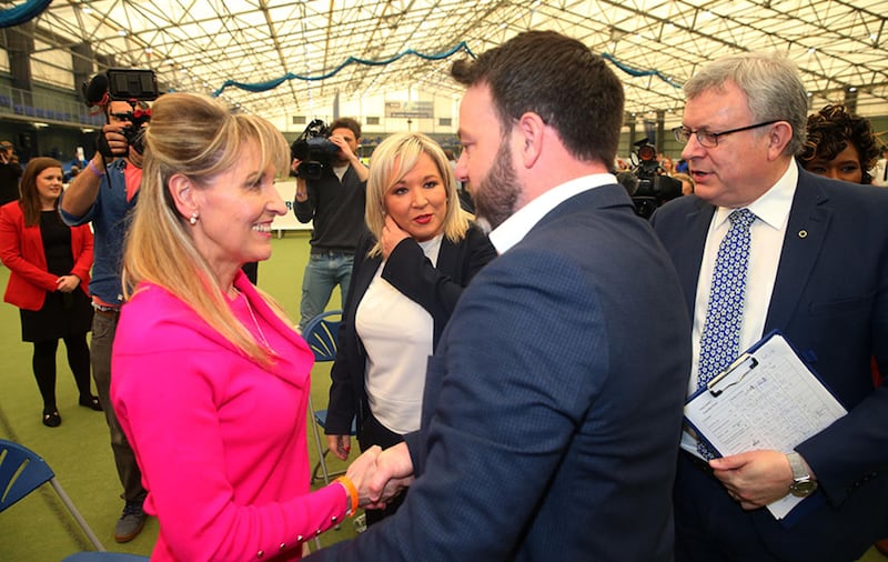 &nbsp;SDLP leader Colum Eastwood congratulates Sinn F&eacute;in's Martina Anderson after she topped the poll. Picture by Mal McCann
