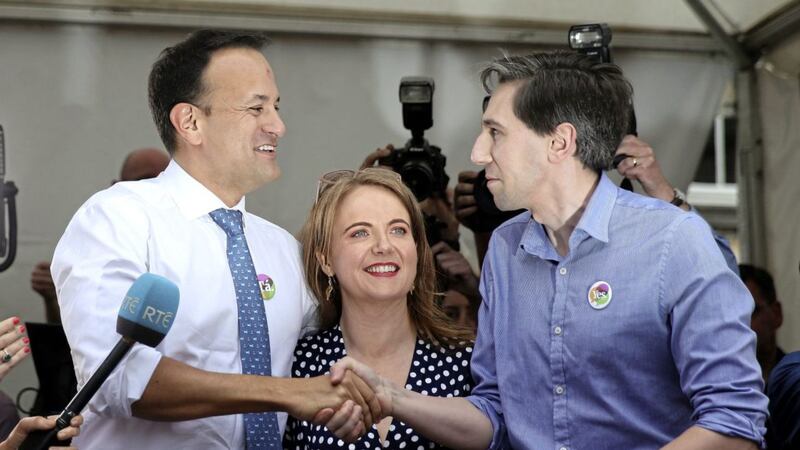 Taoiseach Leo Varadkar (left), Minister for Health Simon Harris (right) and Senator Catherine Noone at Dublin Castle for the results of the referendum. Picture by Brian Lawless/PA Wire 
