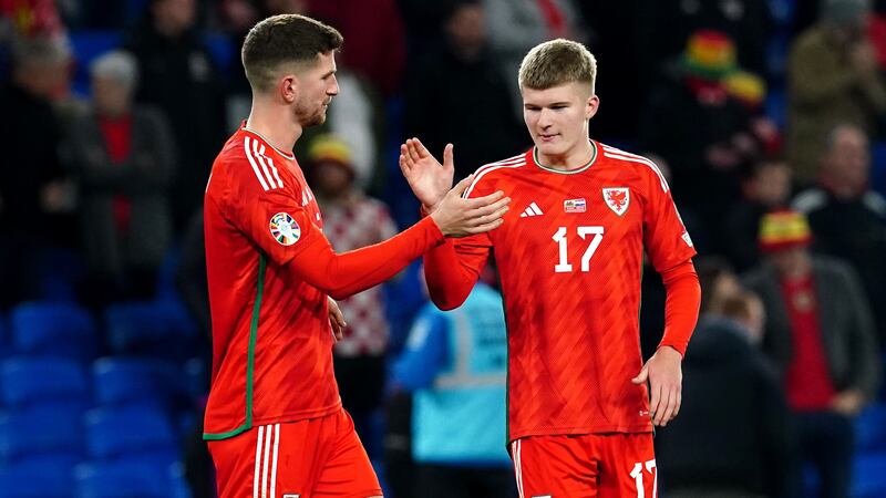 Jordan James (right) celebrates after Wales’ 2-1 victory over Croatia in Euro 2024 qualifying (Nick Potts/PA)