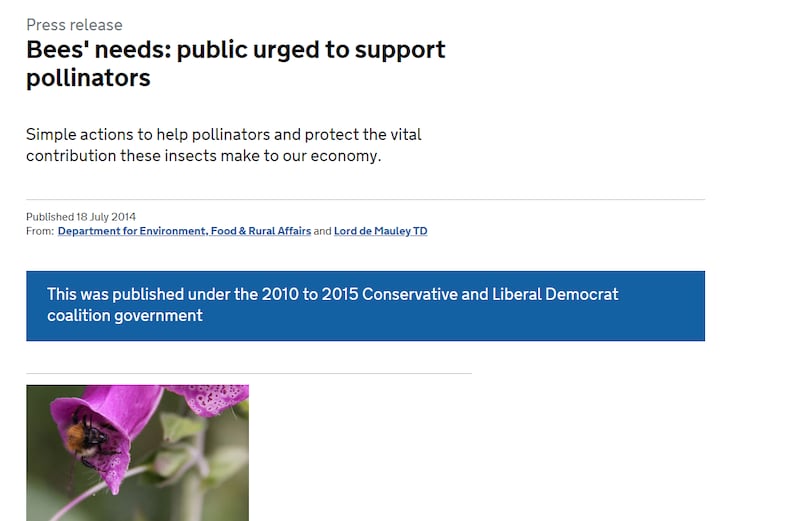 A screen shot from the top of the Government page on bees