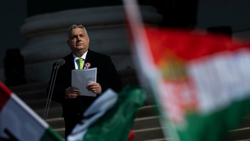 Hungarian Prime Minister Viktor Orban gives a speech on the steps of the National Museum in Budapest (Denes Erdos/AP)
