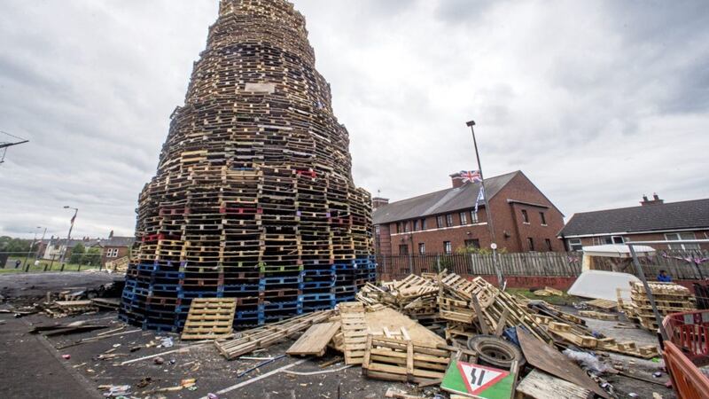 A loyalist bonfire last year at Bloomfield Walkway in east Belfast 