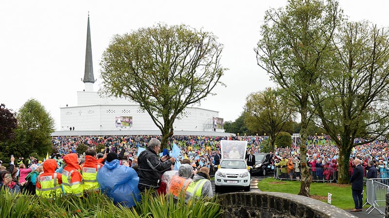 Pope Francis makes his way around the Knock shrine as crowds greet him this morning&nbsp;