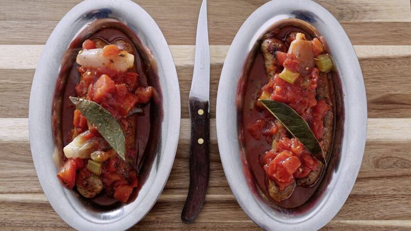 Sausages with tomato and bay leaves from James Street Cookery School 