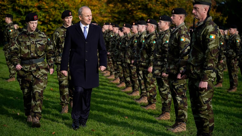 Tánaiste and Defence Minister Micheál Martin reviews troops from the 123rd Infantry Battalion at Kilkenny Castle prior to their departure for a six-month deployment to Lebanon as part of the United Nations Interim Force