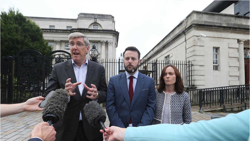 Legal challenges against Brexit taken by MLAs and Raymond McCord begin at the High Court in Belfast. From left, Sinn Fein's John O'Dowd, SDLP leader Colum Eastwood and Nichola Mallon&nbsp;